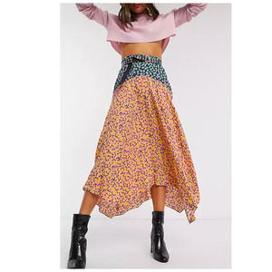 Topshop Womens Mixed Floral Midi Skirt Size 10 Button Detail Flare Hanky Hem